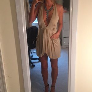 Tan plunge neck mini dress